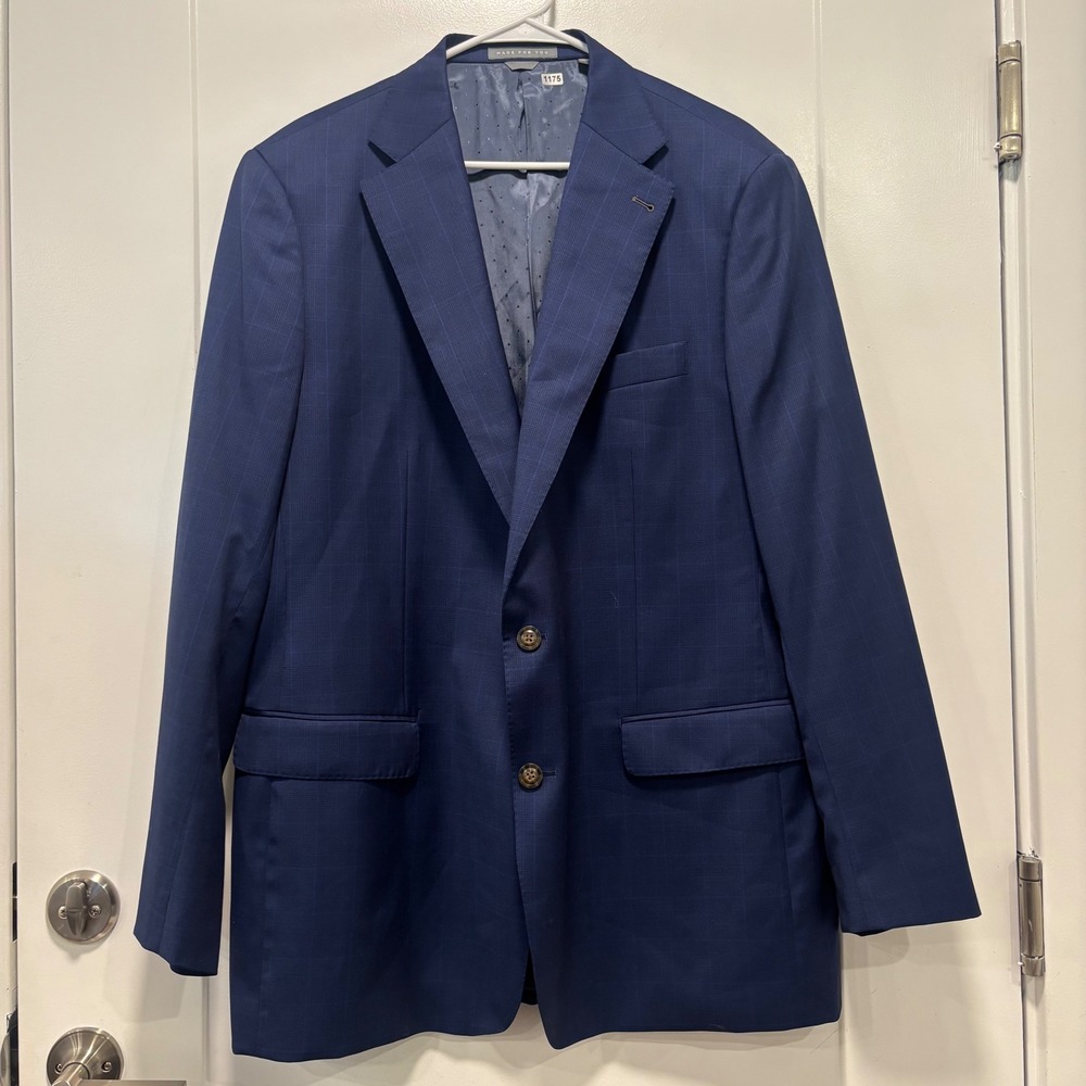 Indochino Mens Blue Plaid 100% Wool 2-Button Blazer Sport Coat Jacket